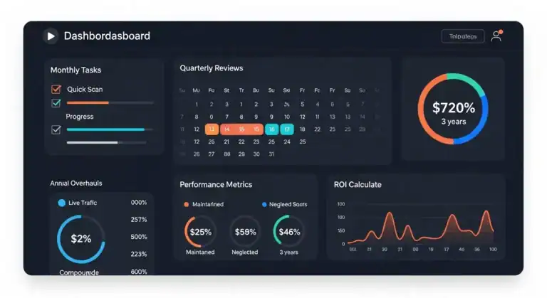 Dashboard showing quarterly reviews, ROI metrics, & project progress.